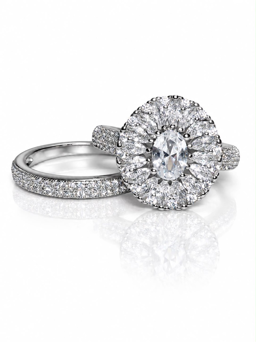 S925 Oval Floral Halo Bridal Ring Set with Sparkling Matching Band (R5)